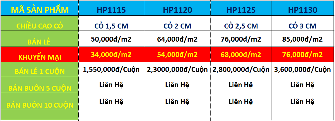 Báo giá thảm cỏ nhân tạo loại 11 mũi