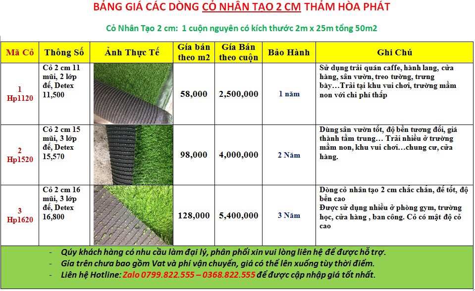 Bảng giá dòng cỏ nhân tạo 2 cm